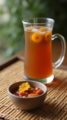 Fresh Tea with Flowers on Bamboo Mat