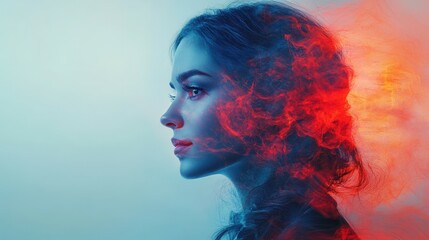 A woman with long hair gazes thoughtfully into the distance, surrounded by vibrant swirls of red and blue smoke. The contrasting colors create an ethereal atmosphere, evoking feelings of introspection