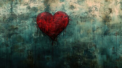 An eye-catching red heart stands out against a worn, textured background. The contrast highlights the creativity of urban art and adds a splash of emotion to the drab surroundings, reflecting love and