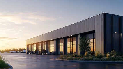 Fototapeta premium Modern warehouse featuring a sleek exterior design. 