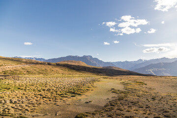 View of langza mountains in the cold desert of spiti valley in the Himalayas. Famous for fossils of marine animals which are in Tethys sea millions year ago in spiti valley himachal pradesh, India.