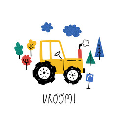 Vroom. Cute cartoon baby boy poster with car tractor in cartoon style. Vector print with cute cars for fabric, textile, postcard, apparel or kids room design.