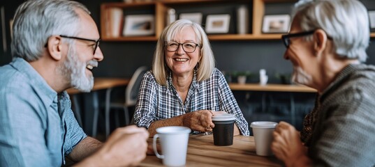 Three Happy Senior Friends Smiling and Enjoying Coffee, Sharing a Moment at a Cozy Cafe