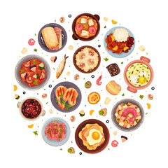 Portuguese Dishes and Main Courses Round Composition Design Vector Template