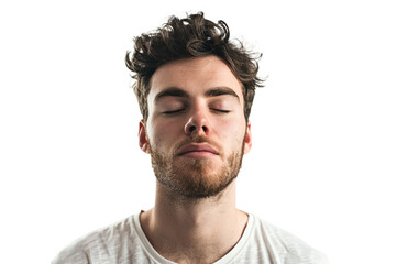 Obraz premium man with eyes closed and a serene expression, depicting mental escape or meditation, on white.