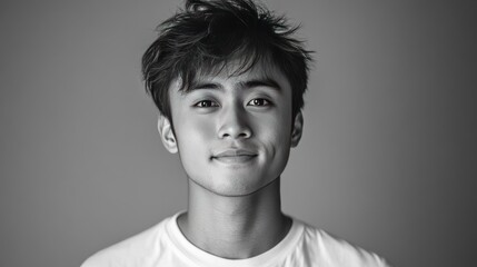 The young man blushed while avoiding eye contact and smiled slightly, his face showing shyness and charm. The plain background helped to emphasize the expression.