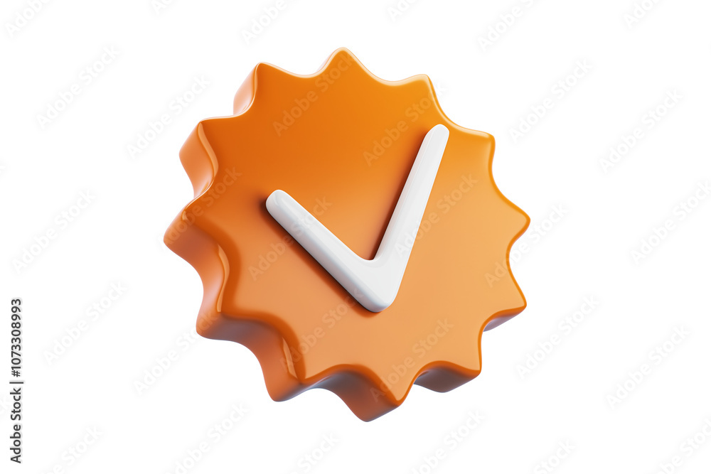 Aufkleber Orange badge element with a white checkmark, isolated on a white background. Clean design concept for approval or certification. 3D Rendering