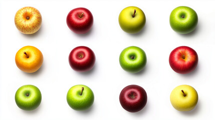 Fototapeta premium set of fresh apples, including red, green, and yellow varieties, arranged neatly on a solid white background. 