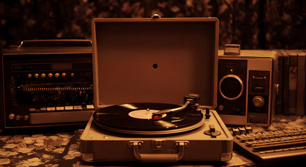 dj turntable playing with record old music record player 1980's music instruments