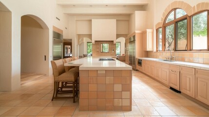Modern Spanish-Inspired Minimalist Kitchen with Vibrant Ceramic Tiles and Sleek Design