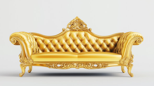 Gold tufted ornate royal vintage baroque velvet sofa luxurious glam victorian royal neoclassical maximalist French statement furniture 1800s mockup concept lounge isolated plain blank background 