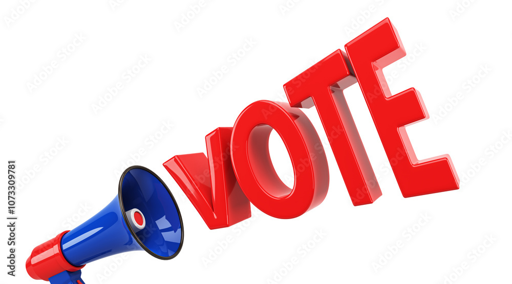 Poster Blue megaphone projecting red 3D VOTE text at an angle on a white background, symbolizing a call for action, closeup, creative concept. 3D Rendering.