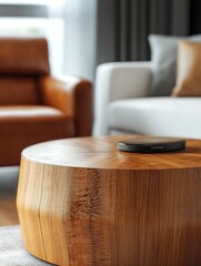 Contemporary Living Room with Wooden Round Coffee Table and Modern Furniture