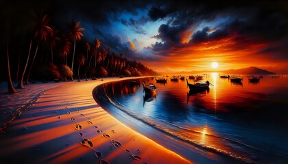 Serene Beach Sunset with Anchored Boats