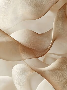 Delicate flowing fabric creates an abstract composition of soft beige tones, evoking a sense of tranquility and elegance with its graceful curves and gentle movement.