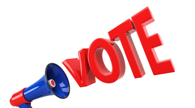 Blue megaphone projecting red 3D VOTE text at an angle on a white background, symbolizing a call for action, closeup, creative concept. 3D Rendering.