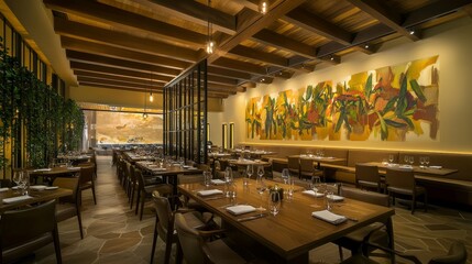 Elegant Spanish-Inspired Dining Room with Vibrant Mural Art and Wooden Table | Ultra-Detailed Interior Design Concept