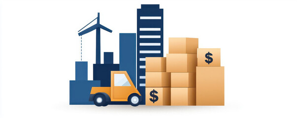 Modern industry scene showcasing construction, transport, and packaging in an urban setting.