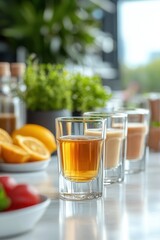 A trio of drinks sits neatly on a countertop, showcasing vibrant colors. In the background, fresh ingredients like oranges and herbs add a refreshing touch. The bright atmosphere enhances the inviting