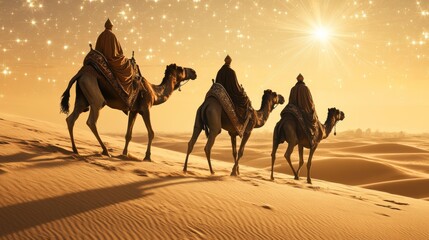 A caravan of camels traversing a golden desert under a starry sky.