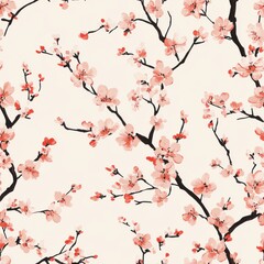 Vintage Spring cherry blossom pattern on vintage beige fabric background, seamless repeating pattern, textile print style, minimal, Spring design, seamless cherry blossom pattern, home decor, textiles