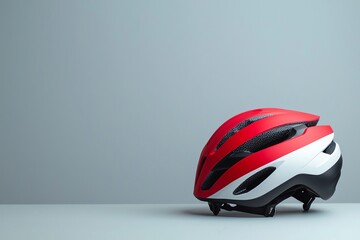Fototapeta premium A sleek red and white bicycle helmet on a minimalist background.