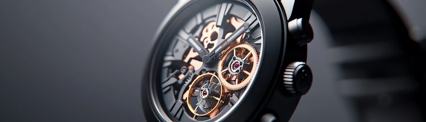 Close-up of an intricate watch showcasing its detailed mechanical design.