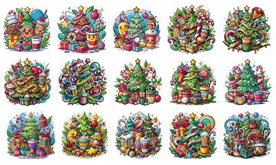 Christmas tree, candy, gift box, and hot cocoa t-shirt design with hand-drawn calligraphy phrase isolated on white background, unique graphic typography element, vector sign.