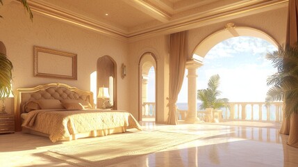 Fototapeta premium Luxurious Modern Spanish Styled Master Bedroom with King-Sized Bed and Private Balcony Overlooking Stunning Views