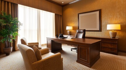 Fototapeta premium Modern Spanish-Inspired Sophisticated Office Space with Creative Decor | Ultra-Detailed Business Interior Design