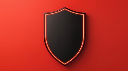 A modern black shield with a neon orange outline against a vibrant red background.