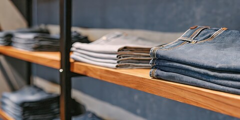 Neatly folded jeans stacked on a wooden shelf in a clothing store
