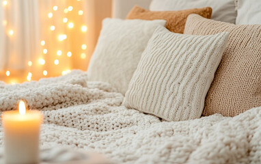 Cozy home interior with knitted pillows and soft blankets, creating a warm atmosphere.