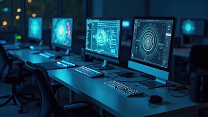 Naklejka premium Modern Workspace Featuring Multiple High-Tech Monitors Displaying Digital Data in an Office During Evening Hours