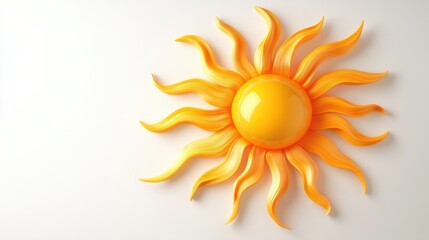 Sunny icon of sun with bright rays, representing summer season, isolated on white