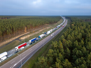 Aerial drone photo of traffic jam on motorway A2 in Poland. traffic jam on the highway caused by...