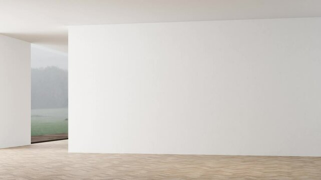3d Render of empty space with white walls and wood floor. Natural light and windows on the left side.