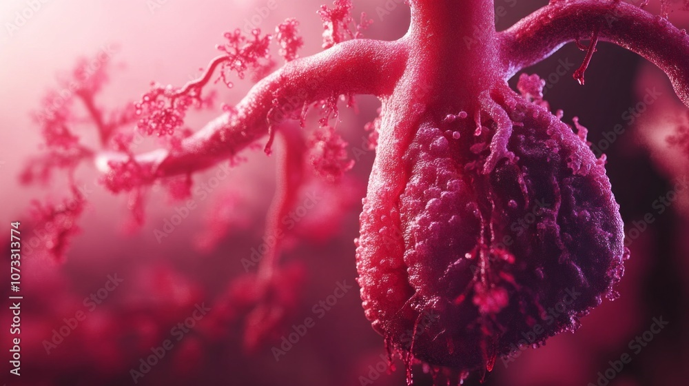 Poster a close up of a heart with red veins and a pink background