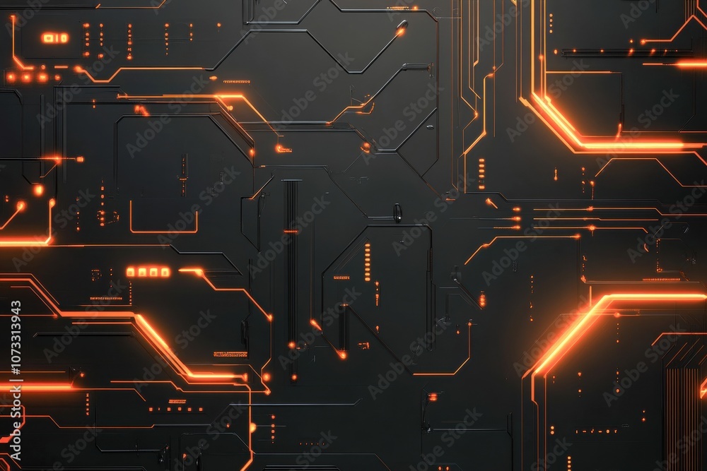 Fototapete dark orange cybernetic backdrop with intricate circuitry design and glowing lines. generative ai