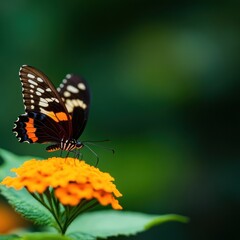 A vibrant butterfly rests on a bright orange flower, showcasing intricate patterns against a lush green background.