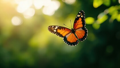 Obraz premium A vibrant orange butterfly flutters gracefully in soft sunlight, surrounded by lush greenery, embodying the beauty of nature.