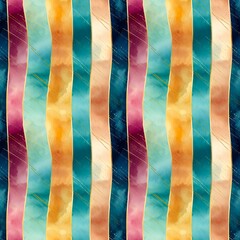 Abstract seamless pattern with colorful vertical stripes in blue, teal, orange, beige and red colors, gold lines. Watercolor abstract art.