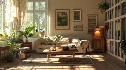 Obraz premium A bright and cozy living room with a large window, a comfortable couch, a coffee table, and a bookcase full of books. The room is decorated with plants, artwork, and a warm color palette. 
