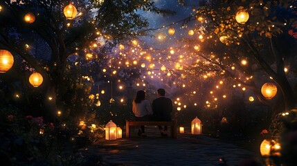 Obraz premium 4. A couple sitting on a bench under twinkling fairy lights in a quiet garden at night, surrounded by soft glowing lanterns and a starry sky above