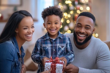 A joyful family gathers in a warm living room, illuminated by a glowing Christmas tree. Parents smile with pride as their son excitedly unwraps a gift, creating a memorable holiday moment filled with 