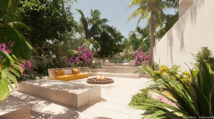 Obraz premium Serene Retreat: Modern Spanish Outdoor Lounge with Colorful Cushions, Fire Pit, and Lush Landscaping | Relaxing Atmosphere in Vibrant Setting