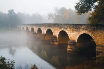 Fototapeta premium Bridges Over a Foggy River: A historic bridge arching over a slow-moving river