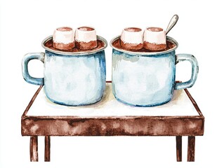 Two blue mugs of hot chocolate with marshmallows on a table, white background.