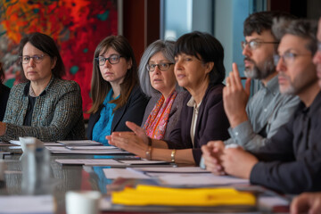 A group of lawyers and human rights defenders gathered around a table, discussing legal strategies for protecting marginalized communities