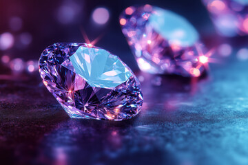 Brilliant diamonds on a black background with bokeh.